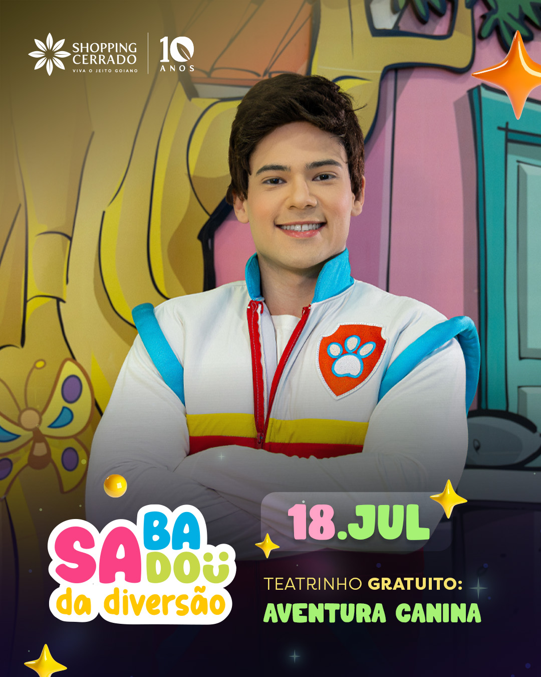 Shopping Cerrado recebe espetáculo infantil gratuito com aventura canina neste sábado.