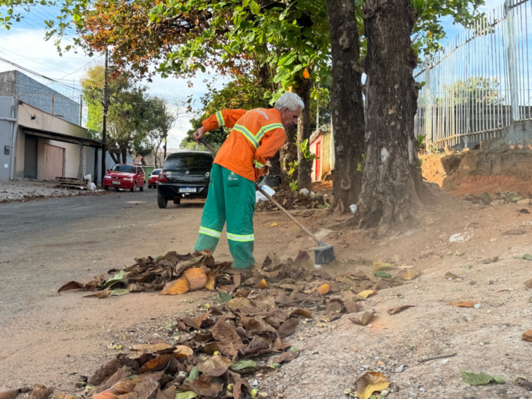 Para evitar enchentes, Comurg reforça varrição e retira folhas secas das ruas de Goiânia